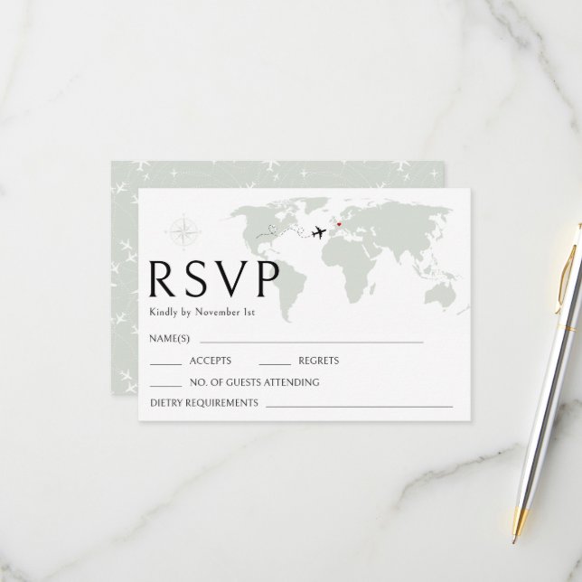Destination wedding world map RSVP response card (Front/Back In Situ)