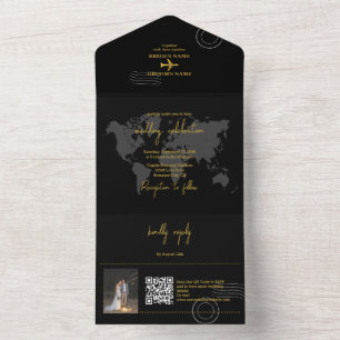 Destination Wedding World Passport Black Gold All In One Invitation