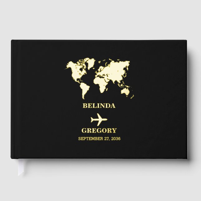 Destination Wedding World Passport Black Gold Guest Book (Front)