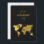 Destination Wedding World Passport Black Gold Invitation<br><div class="desc">A black and gold destination wedding passport design with gold world map, airplane and travel elements. This design is ideal for all Spring, Summer, Fall and Winter destination weddings. An elegant black and gold wedding travel design with passport layout, world map and custom couple photo. A modern destination wedding invitation...</div>