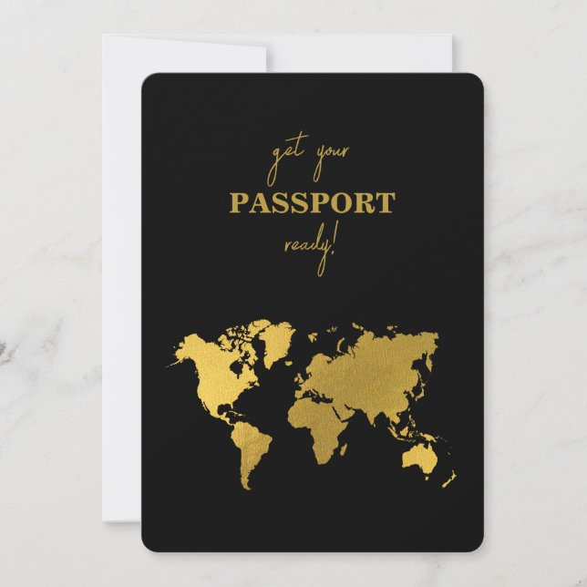 Destination Wedding World Passport Black Gold Invitation (Front)
