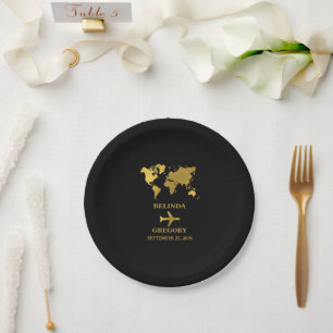 Destination Wedding World Passport Black Gold Paper Plate
