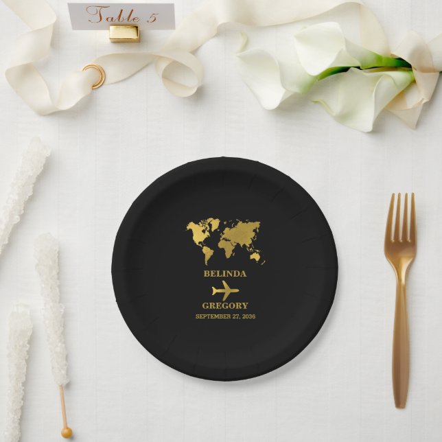Destination Wedding World Passport Black Gold Paper Plate (Wedding)