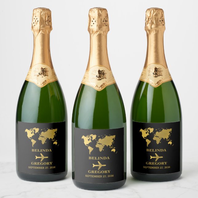 Destination Wedding World Passport Black Gold Sparkling Wine Label (Bottles)