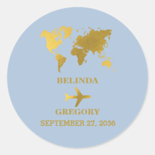 Destination Wedding World Passport Dusty Blue Gold Classic Round Sticker