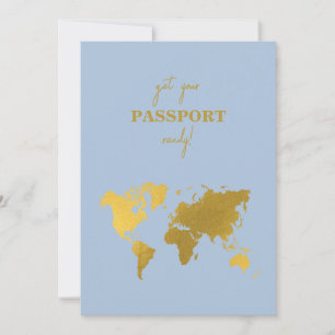 Destination Wedding World Passport Dusty Blue Gold Invitation