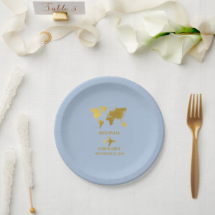 Destination Wedding World Passport Dusty Blue Gold Paper Plate