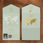 Destination Wedding World Passport Sage Green Gold All In One Invitation<br><div class="desc">A sage green and gold destination wedding passport design with gold world map, airplane and travel elements. This design is ideal for all Spring, Summer, Fall and Winter destination weddings. An elegant sage green and gold wedding travel design with passport layout, world map and custom couple photo. A modern destination...</div>