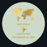 Destination Wedding World Passport Sage Green Gold Classic Round Sticker<br><div class="desc">A sage green and gold destination wedding passport design with gold world map, airplane and travel elements. This design is ideal for all Spring, Summer, Fall and Winter destination weddings. An elegant sage green and gold wedding travel design with passport layout, world map and custom couple photo. A modern destination...</div>