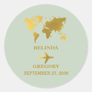 Destination Wedding World Passport Sage Green Gold Classic Round Sticker
