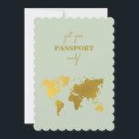 Destination Wedding World Passport Sage Green Gold Invitation<br><div class="desc">A sage green and gold destination wedding passport design with gold world map, airplane and travel elements. This design is ideal for all Spring, Summer, Fall and Winter destination weddings. An elegant sage green and gold wedding travel design with passport layout, world map and custom couple photo. A modern destination...</div>