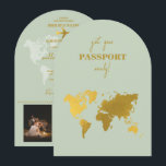 Destination Wedding World Passport Sage Green Gold Invitation<br><div class="desc">A sage green and gold destination wedding passport design with gold world map, airplane and travel elements. This design is ideal for all Spring, Summer, Fall and Winter destination weddings. An elegant sage green and gold wedding travel design with passport layout, world map and custom couple photo. A modern destination...</div>
