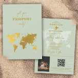 Destination Wedding World Passport Sage Green Gold Invitation<br><div class="desc">A sage green and gold destination wedding passport design with gold world map, airplane and travel elements. This design is ideal for all Spring, Summer, Fall and Winter destination weddings. An elegant sage green and gold wedding travel design with passport layout, world map and custom couple photo. A modern destination...</div>