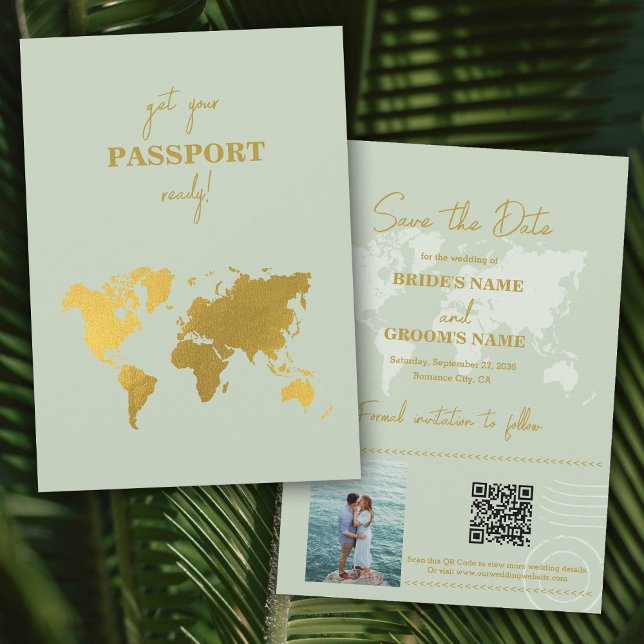 Destination Wedding World Passport Sage Green Gold Save The Date (Destination Wedding World Passport Sage Green Gold Save The Date)