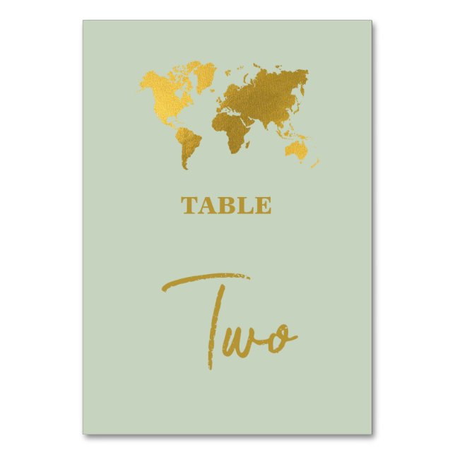 Destination Wedding World Passport Sage Green Gold Table Number (Front)