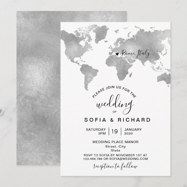 Destination World MAP SILVER Removable Heart Invitation (Front/Back)