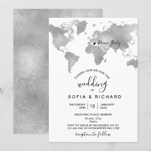 Destination World MAP SILVER Removable Heart Invitation