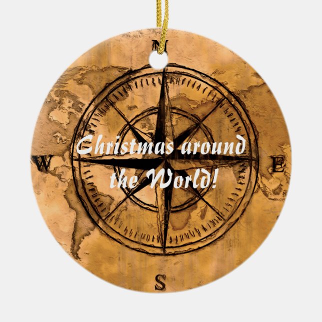 Destinations - Compass Rose and World Map Ceramic Ornament (Front)