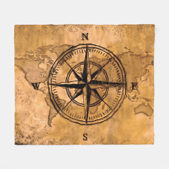 Destinations - Compass Rose and World Map Fleece Blanket (Front (Horizontal))