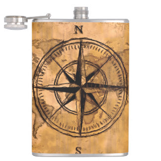 Destinations - Compass Rose and World Map Hip Flask