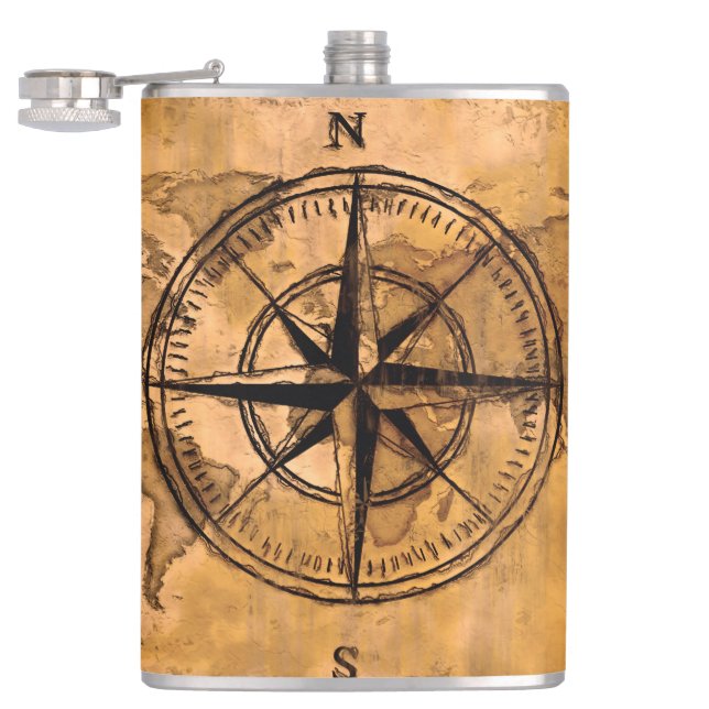 Destinations - Compass Rose and World Map Hip Flask (Opened)