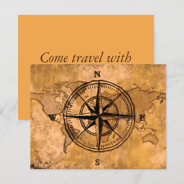 Destinations - Compass Rose and World Map Invitation (Front/Back)