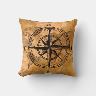 Destinations - Compass Rose and World Map Throw Pillow