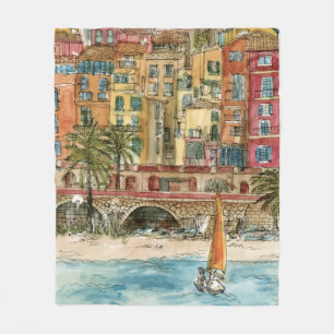 Destinations Watercolor Beach & Buildings Fleece Blanket