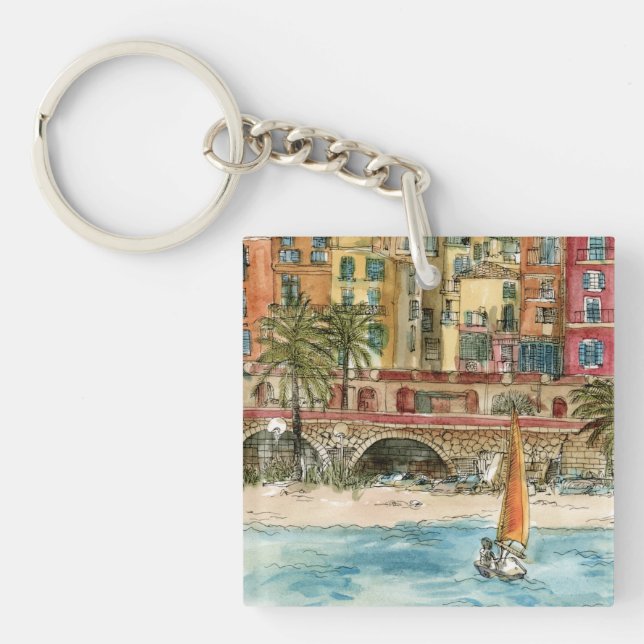 Destinations | Watercolor Beach & Buildings Keychain (Front)