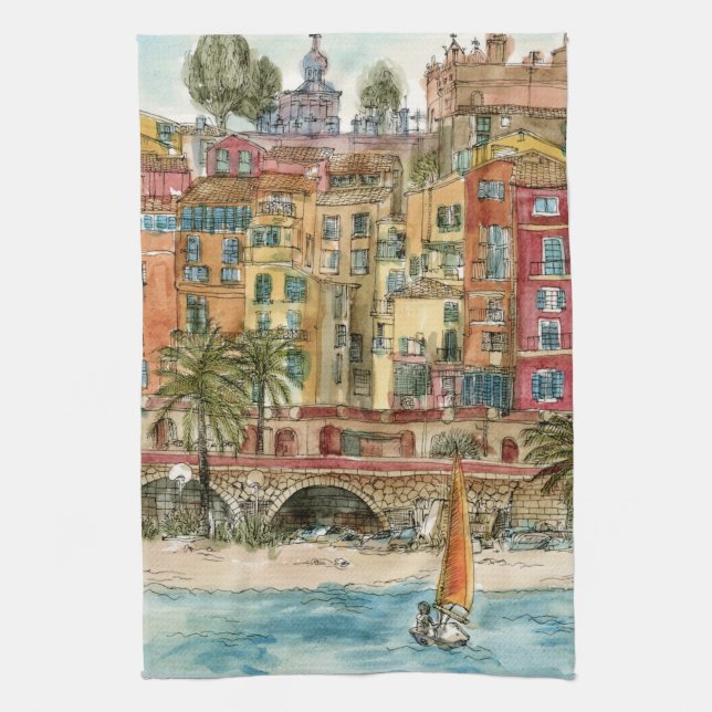 Destinations | Watercolor Beach & Buildings Kitchen Towel (Vertical)