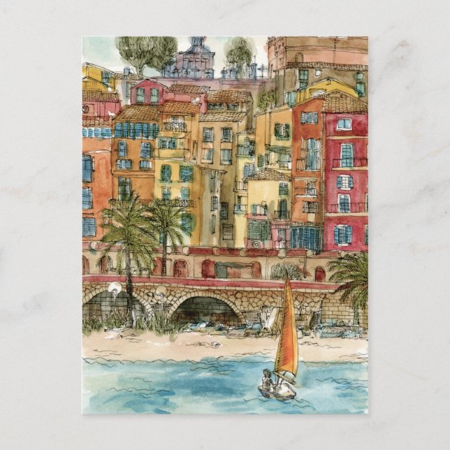 Destinations | Watercolor Beach & Buildings Postcard (Front)