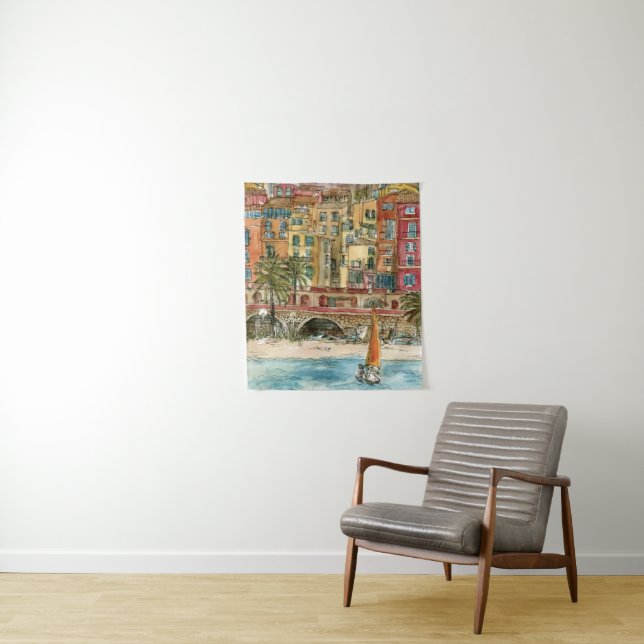 Destinations | Watercolor Beach & Buildings Tapestry (In Situ)
