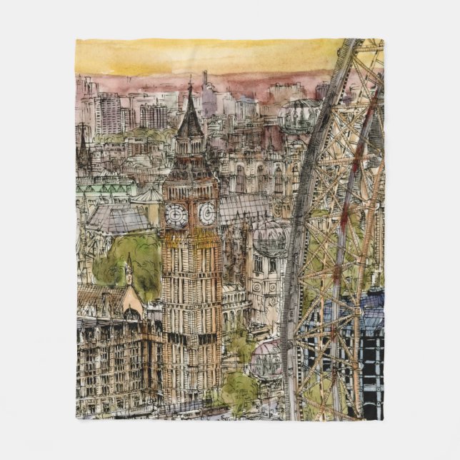 Destinations | Watercolor Big Ben & London Eye Fleece Blanket (Front)