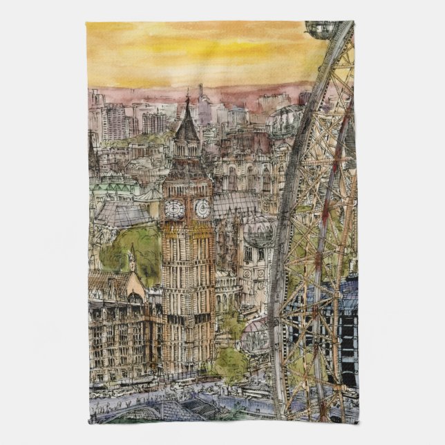 Destinations | Watercolor Big Ben & London Eye Kitchen Towel (Vertical)