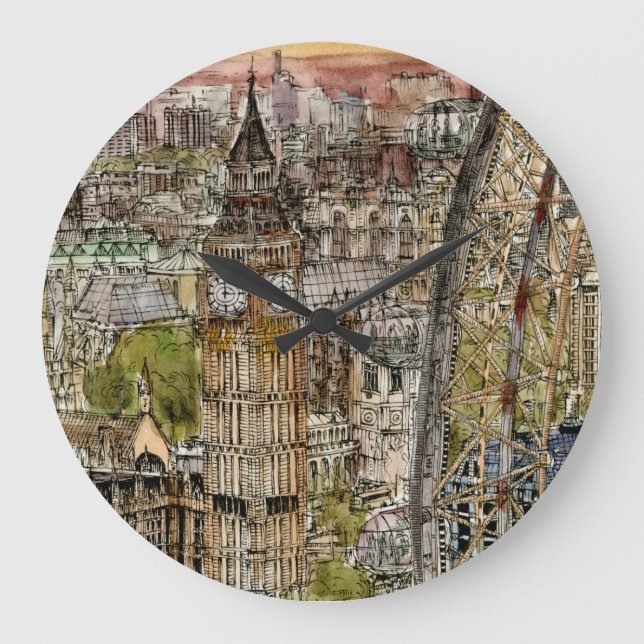 Destinations | Watercolor Big Ben & London Eye Large Clock (Front)