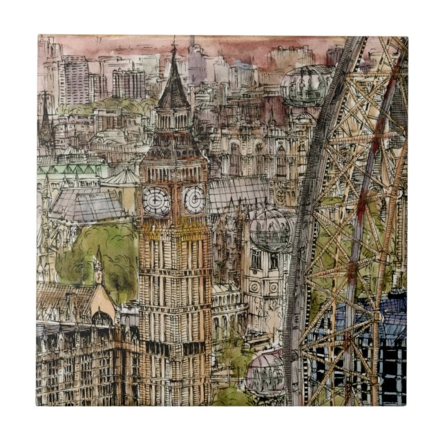 Destinations | Watercolor Big Ben & London Eye Tile (Front)