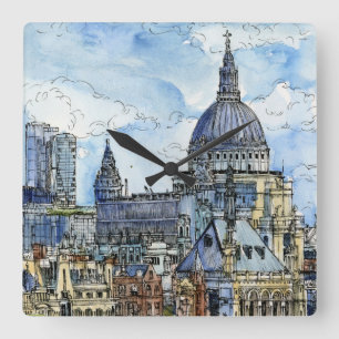 Destinations   Watercolor River Thames Waterfront Square Wall Clock