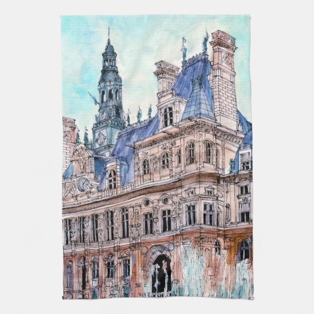 Destinations | Watercolor Rustic Hotel de Ville Kitchen Towel (Vertical)