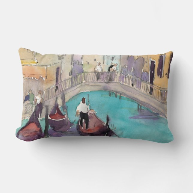 Destinations | Watercolor Venice Gondola Ride Lumbar Pillow (Front)