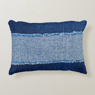 Destroyed torn denim blue jeans fabric frame on bl accent pillow