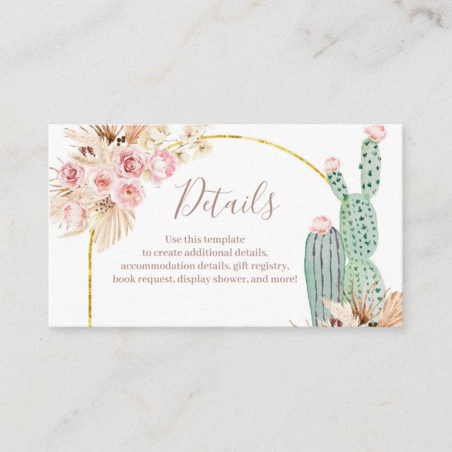 Détail Carte Boho Cactus Fleurs Roses Pampas Grass (Devant)