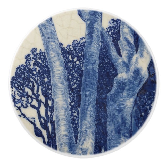 Detail from 2 Ash Trees Cornwall Cobalt Blue Art  Ceramic Knob (Front)