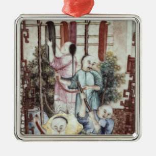 Detail from a vase depicting men dyeing silk metal ornament