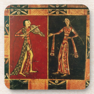 Detail from a wedding chest depicting a musician a coaster