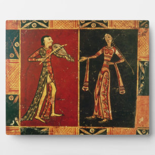 Detail from a wedding chest depicting a musician a plaque