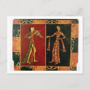 Detail from a wedding chest depicting a musician a postcard