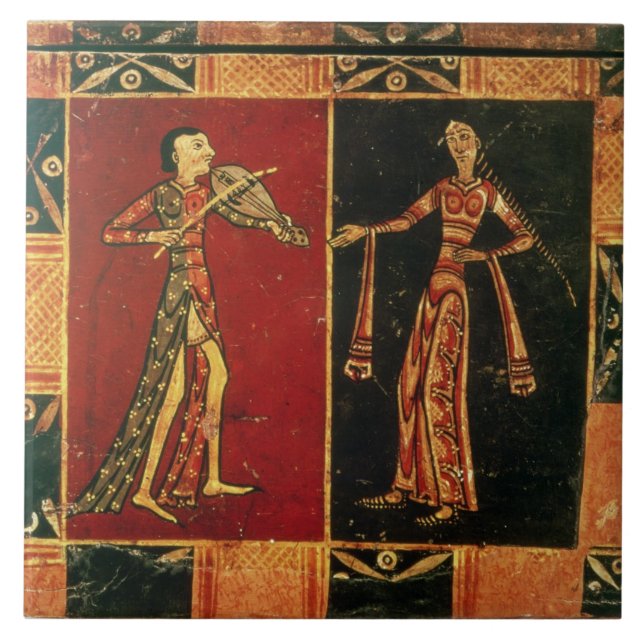 Detail from a wedding chest depicting a musician a tile (Front)