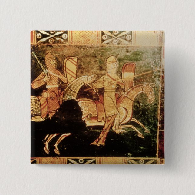 Detail from a wedding chest depicting soldiers goi 2 inch square button (Front)