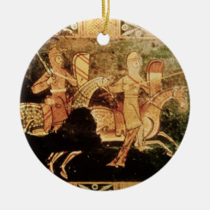 Detail from a wedding chest depicting soldiers goi ceramic ornament