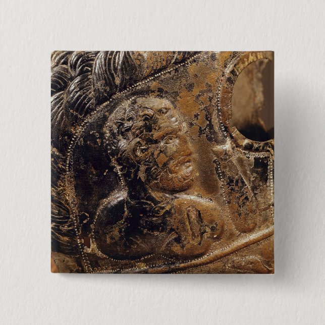 Detail of a gladiator's mask 2 inch square button (Front)
